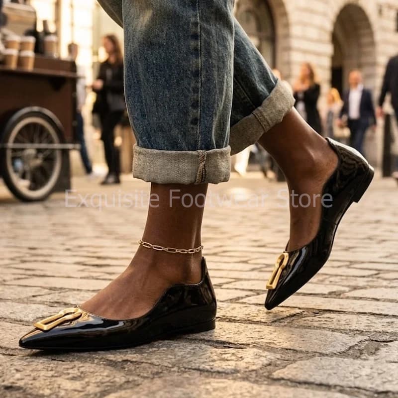 Patent Leather Pointed Toe Flats Women Gold Buckle Wavy Cutout Ballerina Shoes Slip On Office Dress Walking Loafers Single Shoes
