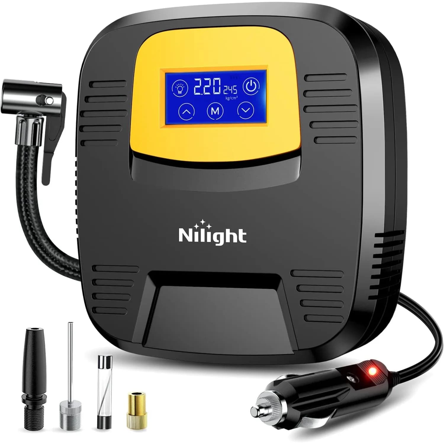 Compressore d'Aria Portatile Nilight 12V DC con Manometro Digitale 150PSI e Luce LED per Auto, ATV e Biciclette