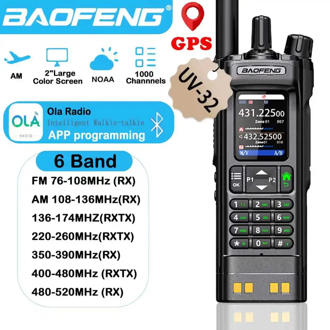 BAOFENG UV-32 10W Dual Band Walkie Talkie GPS a lungo raggio NOAA APP Frequenza di scrittura 2500mAh Tipo-C Nero