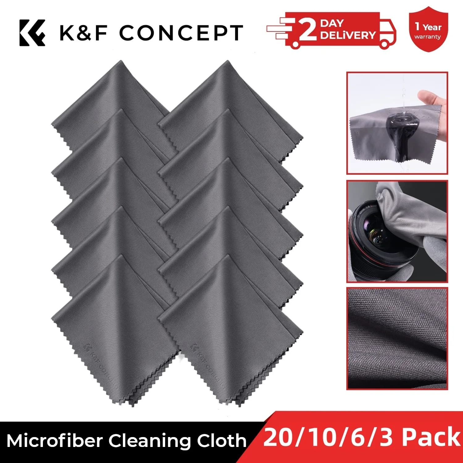 K&F CONCEPT Set da 20/10/6/3 Panni Lavabili per Pulizia Lenti, Panni in Microfibra Riutilizzabili per Fotocamere, Laptop, Telefoni, 15x18cm