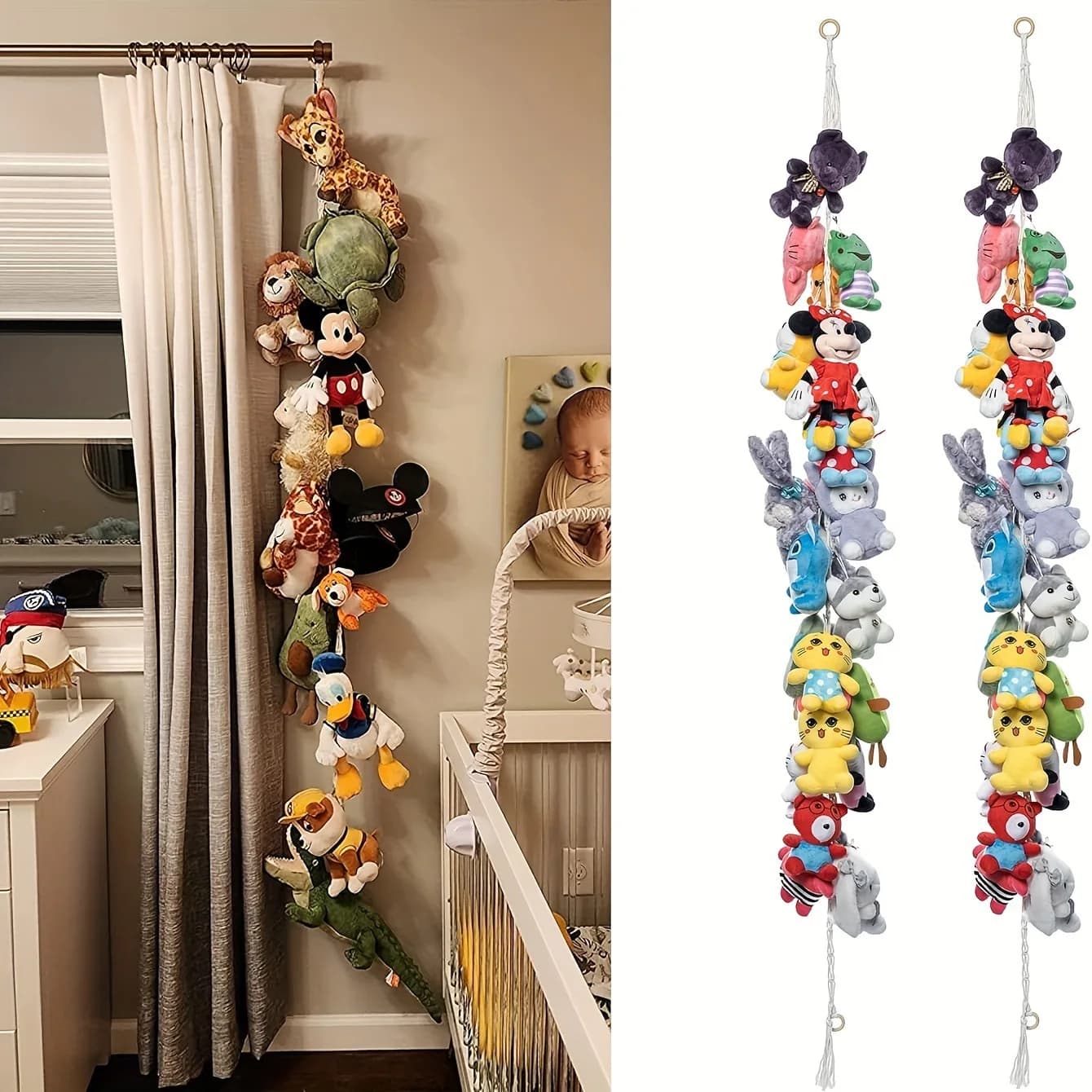 Boho Macrame Catena portaoggetti da appendere a parete Animali di peluche Espositore per giocattoli con 18 clip per l'arredamento della camera da letto della scuola materna
