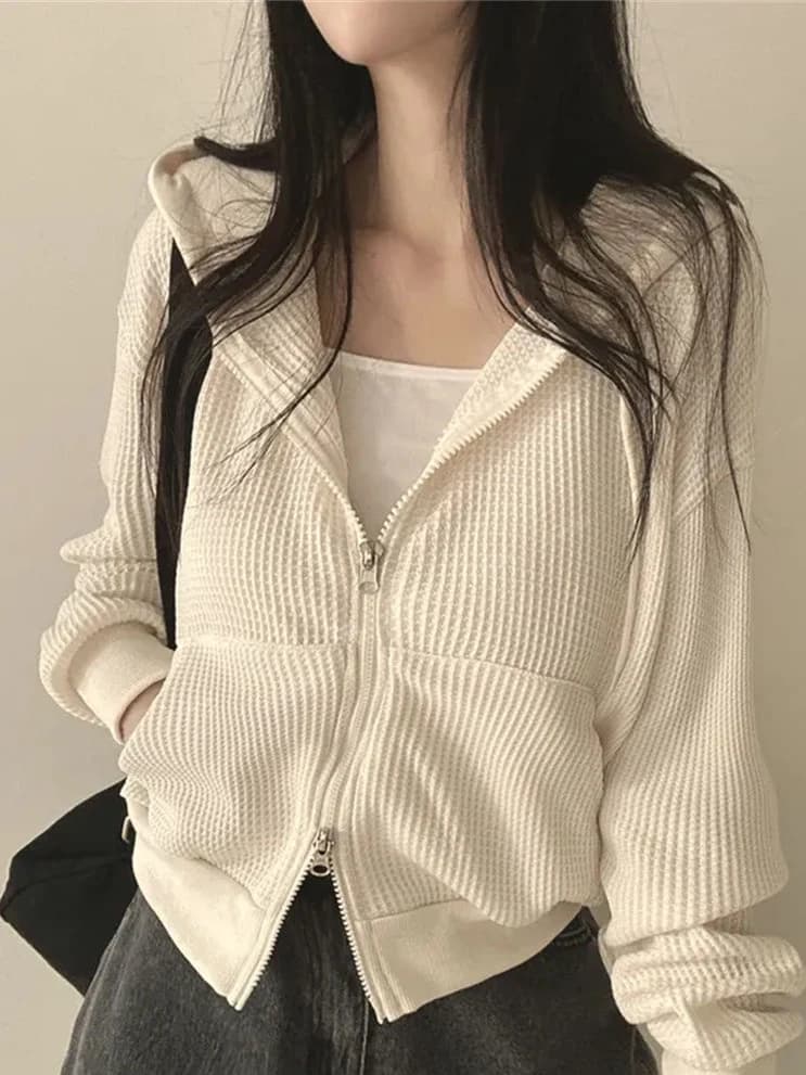 Casual Style Short Double Zipper Hoodie Jacket Women's Spring Autumn Winter Fashion plus Size Loose Slimming Shoulder Length