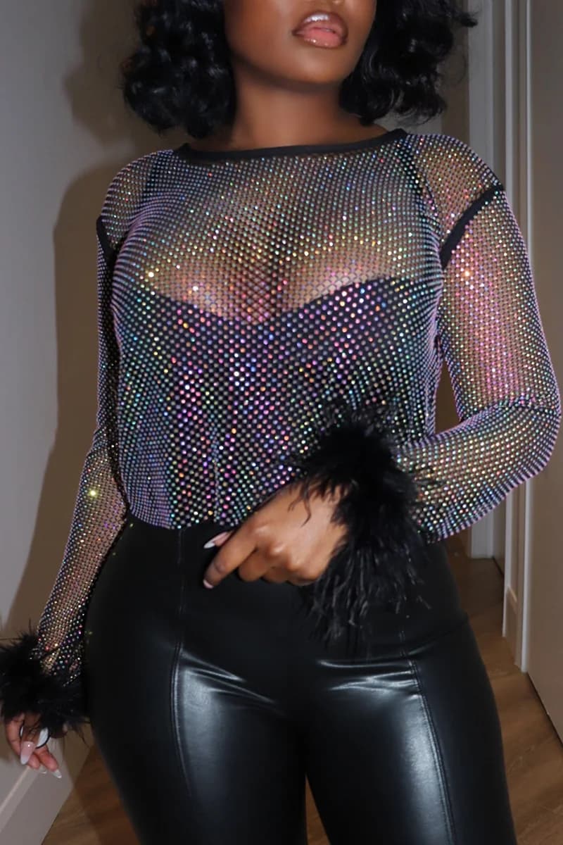 Women's T-shirt in net strong sizes Top short sleeves with sexy sequins Long sleeve transparent Streetwear T-shirt in autumn fashion