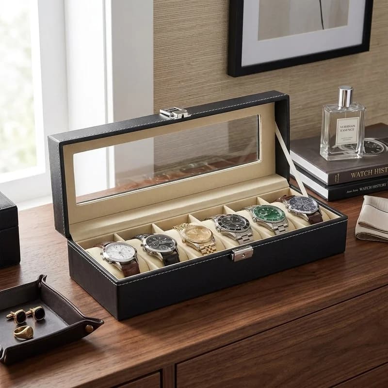 PU Leather Watch Box with Glass Window Watch Storage Organizer Display Case with Cushioned Slots for Men Women Collection Gift