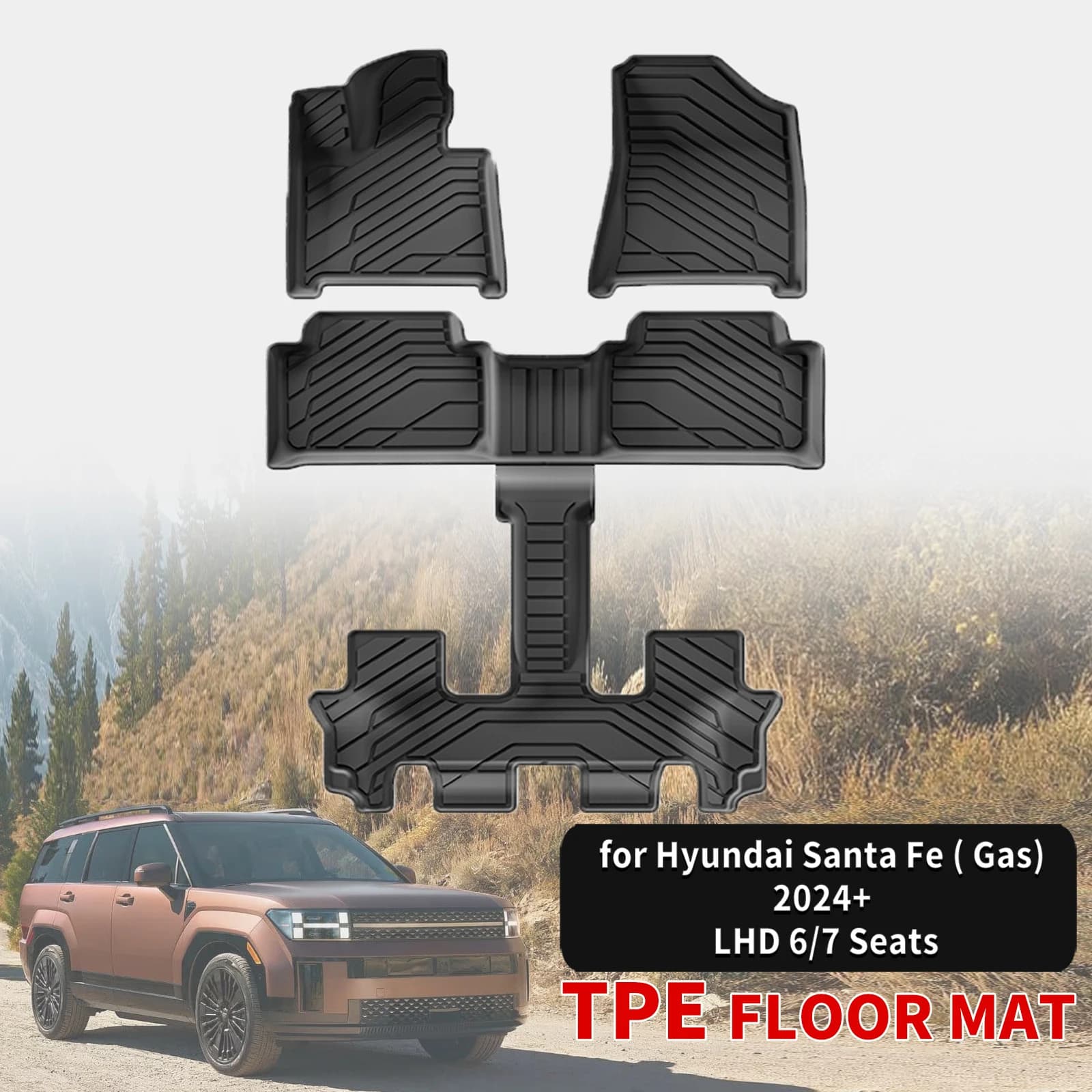 for Hyundai Santa Fe GAS LHD 2026-2024 (Non Hybrid) 6 & 7 Seats Durable TPE Car Floor & Trunk Mats, Non-Slip Easy Clean