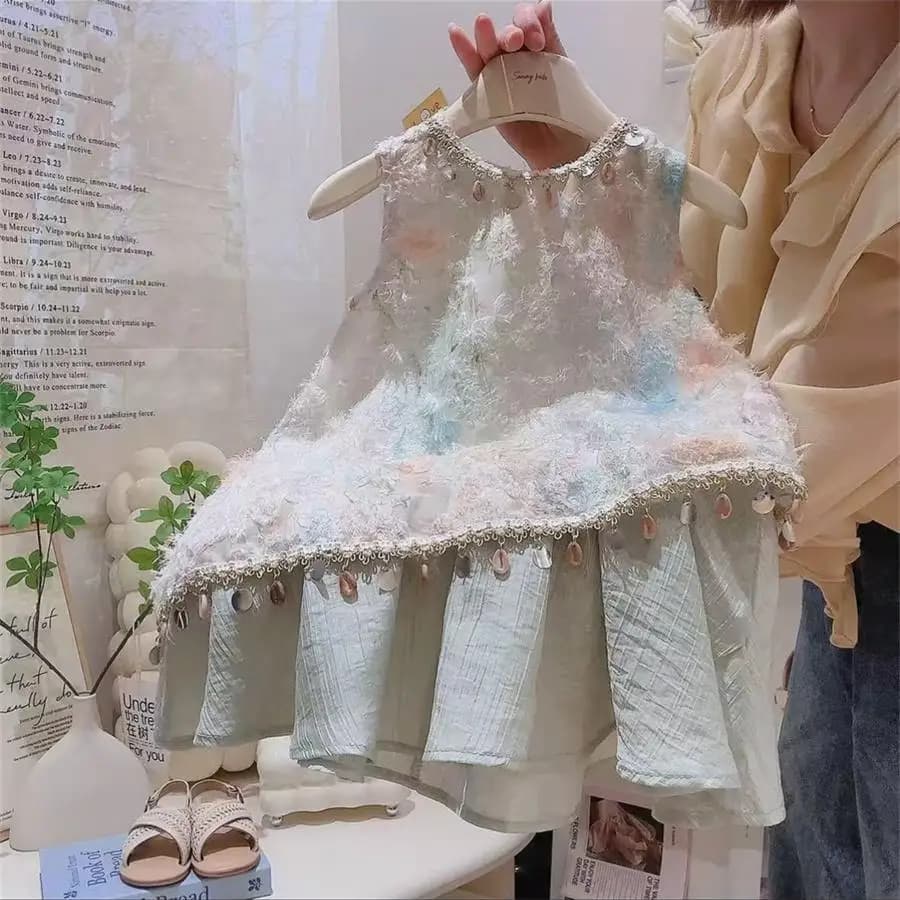 Abito da fata senza maniche ricamato di fascia alta stile vacanza, decorazione da appendere con conchiglia alla moda estiva, abito di lusso leggero