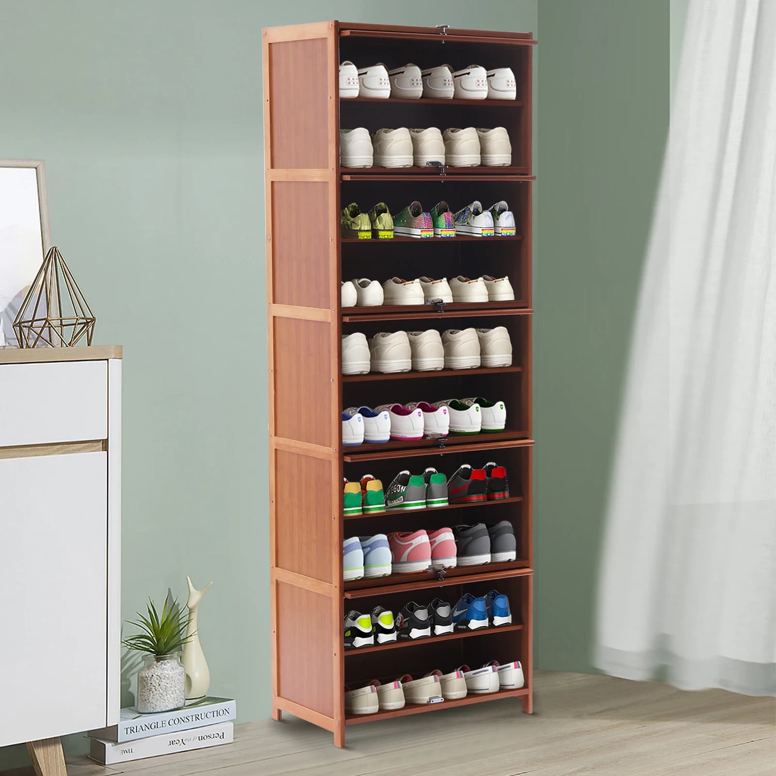 Scaffale per scarpe a 10 livelli, scaffale per libreria da 60 x 32 x 172 cm con porta scorrevole nascosta