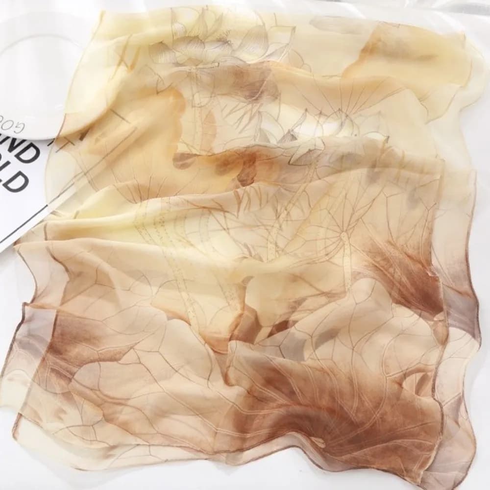Light Scarf with Floral Print, Soft Silk Scarf with Lotus Motive, Breathable and Versatile, Long Chiffon Scarf for Solar Protection