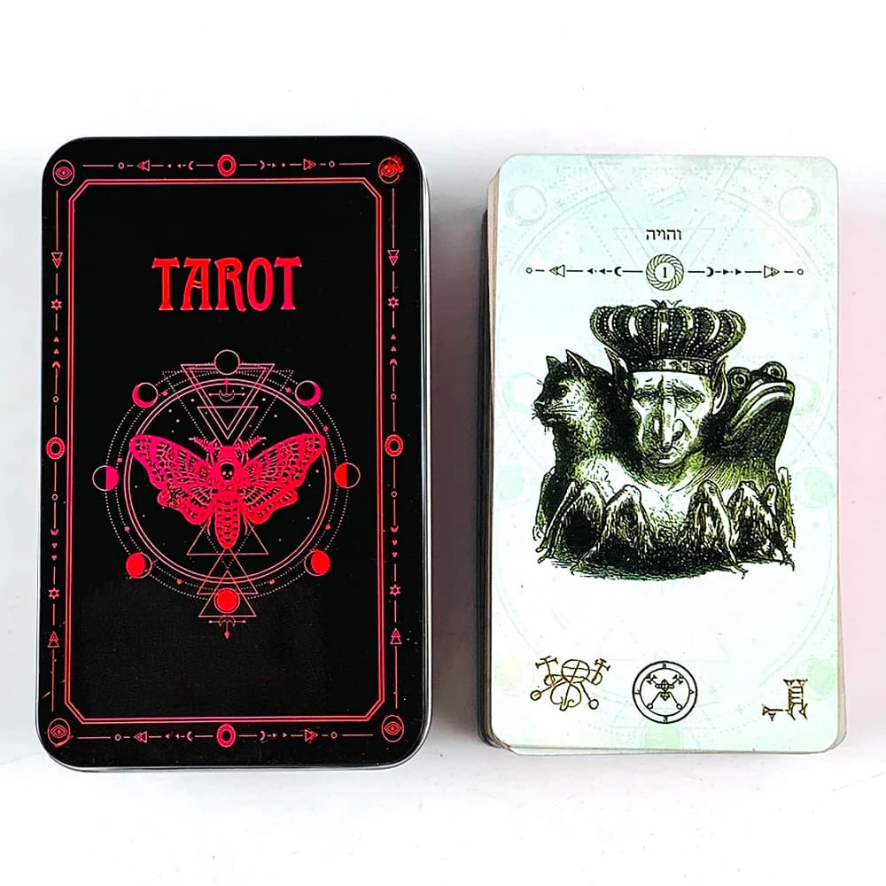 Carta dei tarocchi con scatola di metallo di latta di alta qualità 78 carte Guida con bordo dorato con guida cartacea, giochi di carte di Halloween e Natale