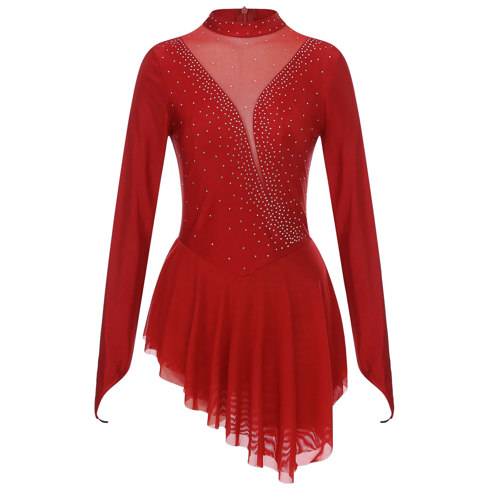 Women's Figure skating Dress Lirica Dance Ballet Gymnastics Acrobatics Long Sleeved Strass Gloss Transparent jersey Dancewear