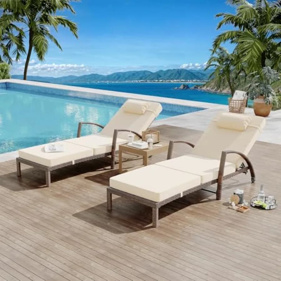 2-Piece Rattan Patio Folding Chaise Lounge, 5-Position Adjustable Backrest Outdoor Lounge Chair with Cushion and Pillow for Poo