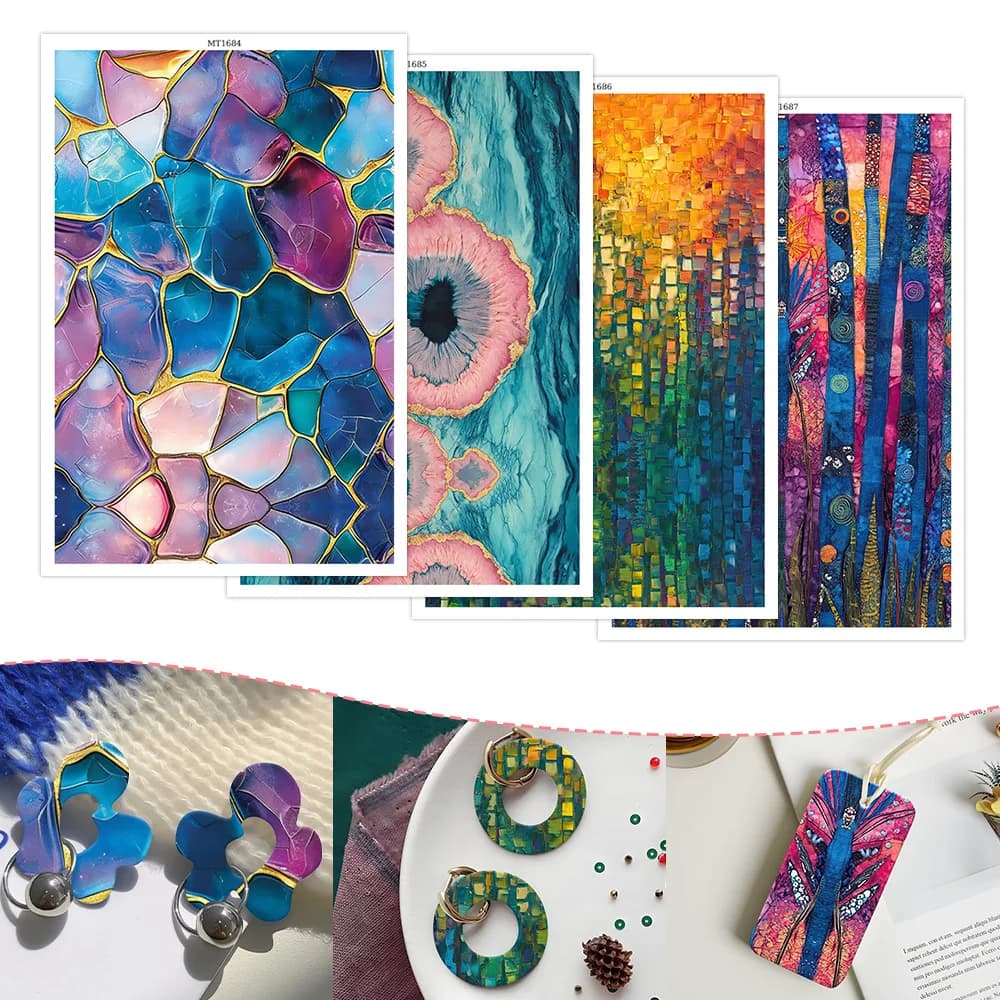 1/4 Fogli di Carta per Trasferimento ad Acqua per Argilla Polimerica - Motivi in Stile Vetro Colorato e Arte Astratta per Creazione di Gioielli Fai-da-Te