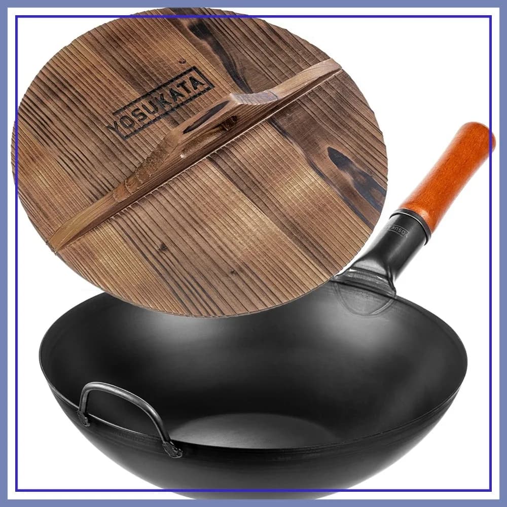 Wok in Acciaio al Carbonio da 13,5 Pollici con Coperchio Premium, Padella Tradizionale Cinese per Stir-Fry