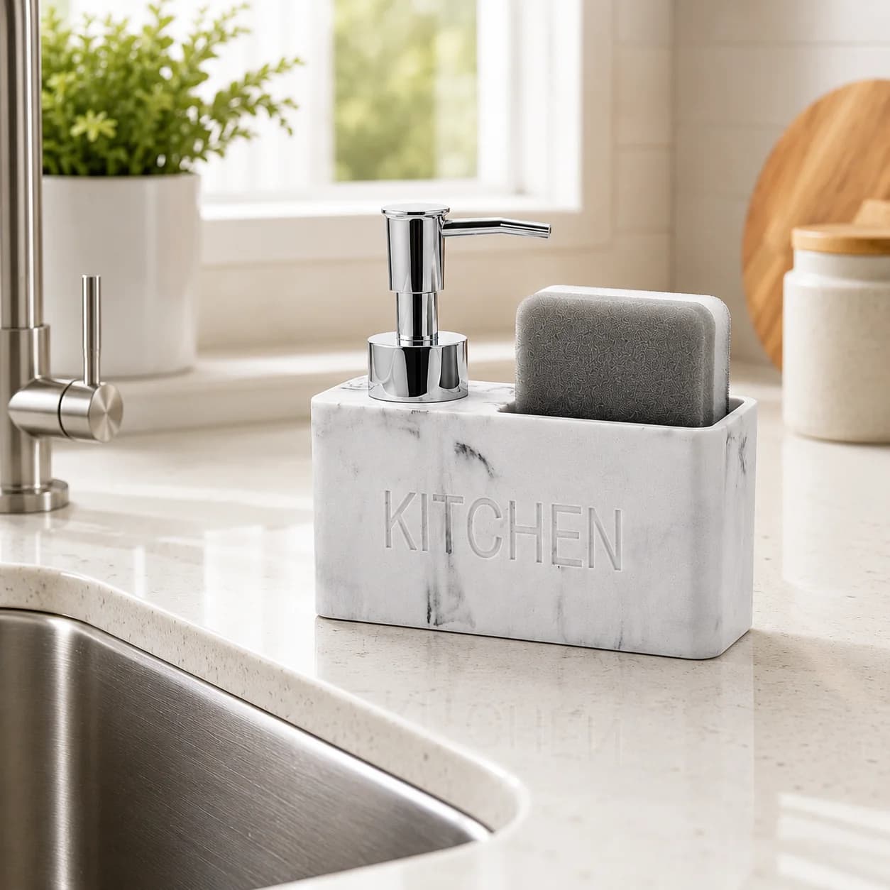 White Marble Kitchen Soap Dispenser with Utensil Holder Chrome Pump Bottle Liquid Hand Soap Sponge Scrubber Holder for Sink