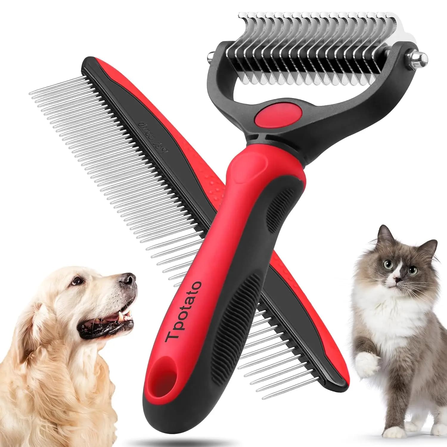 Spazzola Districante per Cani e Gatti a Pelo Lungo, Rastrello per Sottopelo, Pettine in Metallo per Animali Domestici, Strumento per la Toelettatura e la Rimozione dei Nodi, Rossa