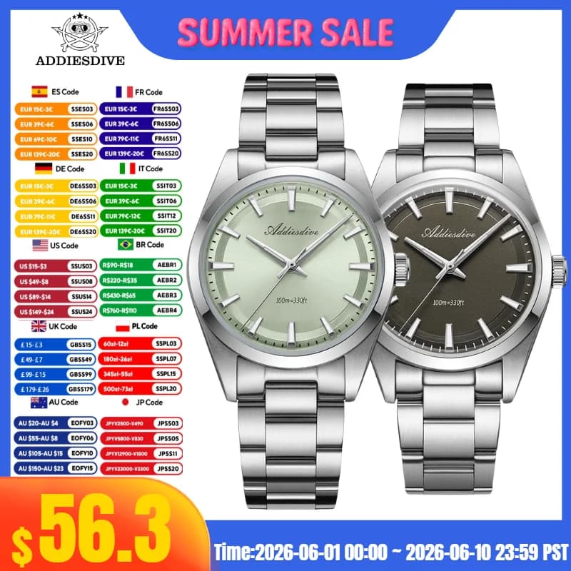 ADDIESDIVE AD2066 Luxury Men's Watch 10Bar Waterproof BGW9 Super Bright Stainless Steel 316L Reloj Hombre VH31 Quartz Watches