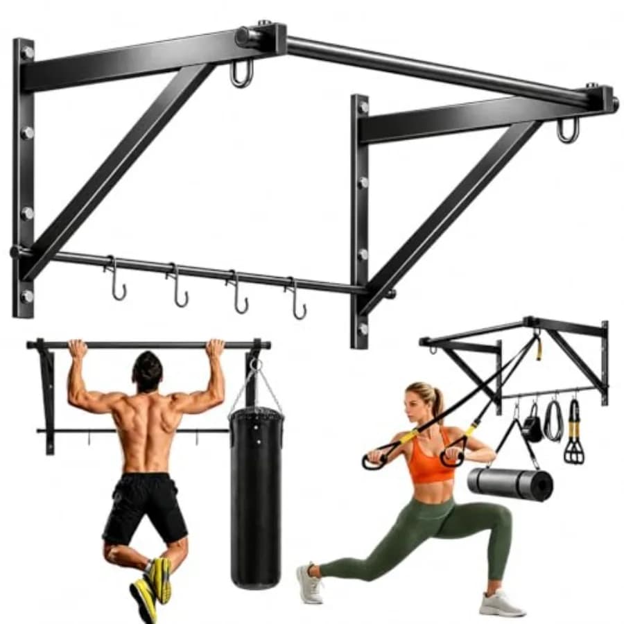 Home garage upper body strength training: thickened steel pull up bar, black, adjustable depth for wall doorway mounting with h