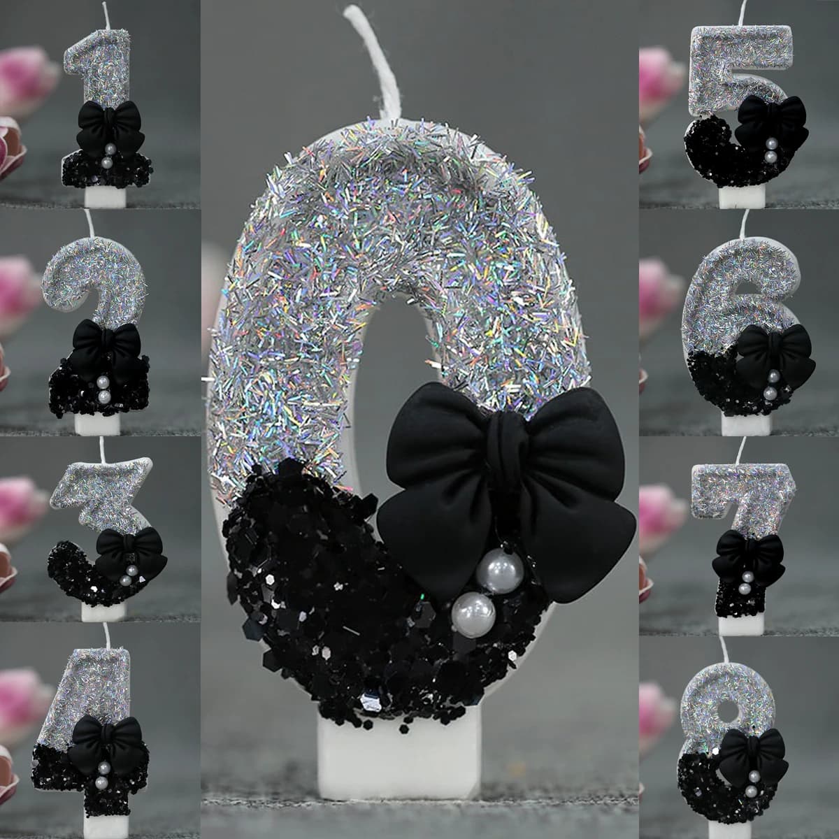 Candeline di compleanno con numero 0-9, fiocco e perle, decorazioni per torta, accessori per feste di anniversario