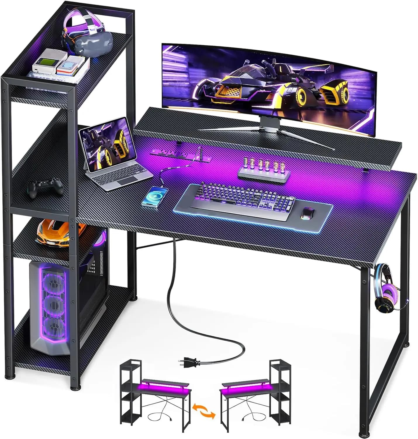 Scrivania da Gaming Reversibile da 40 Pollici con Luci LED, Ripiani Portaoggetti e Supporto per Monitor, Tavolo da Studio in Fibra di Carbonio Nero per Ufficio Domestico