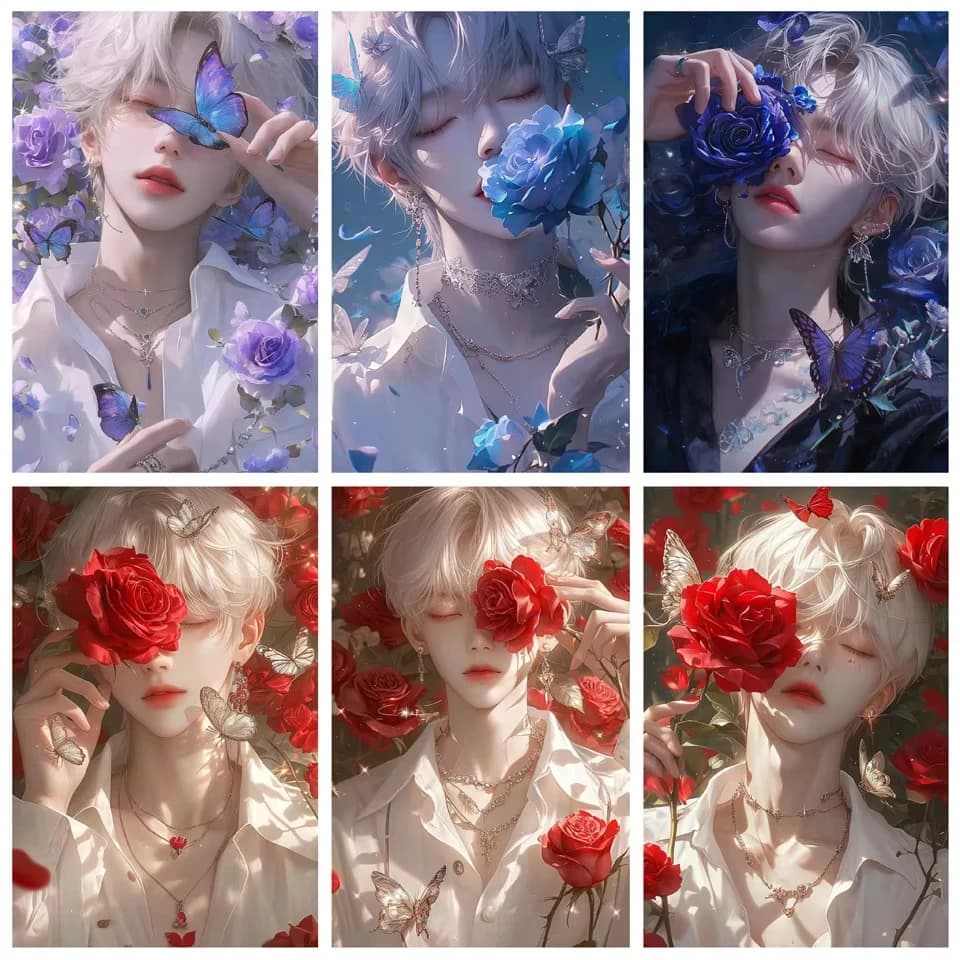 5D DIY Silver Hair Young Man Diamond Painting, Red Blue Rose Butterfly Portrait, Great for Bedroom Wall Decor and Gifts