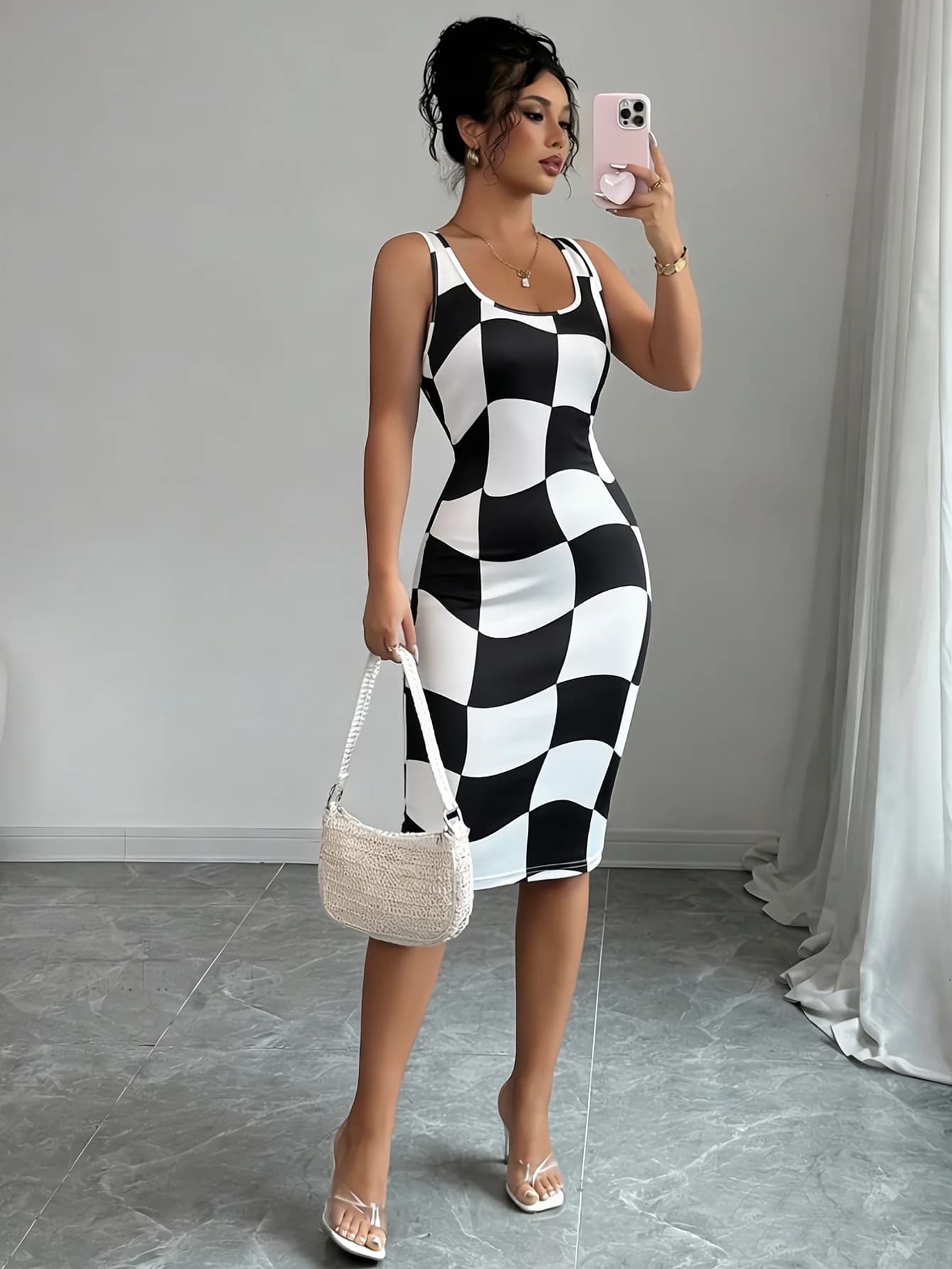 Abito Midi Aderente Senza Maniche con Scollo Rotondo e Stampa a Scacchi per Donna, Sexy ed Elegante, Casual Primavera-Estate, Chic per Appuntamenti e Club, Vestito Elasticizzato
