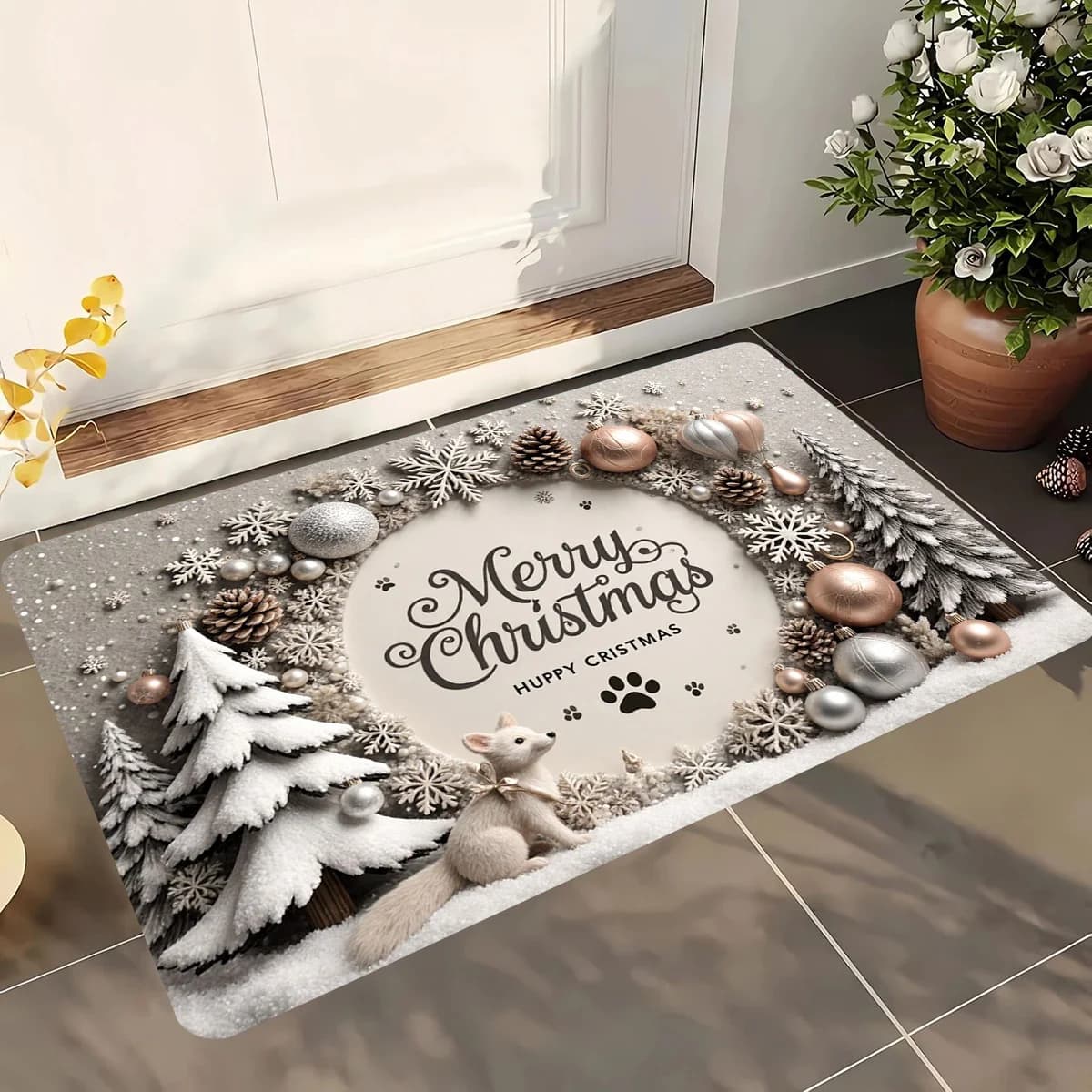 Merry Christmas Snowy Pine Tree Fox Bauble Flannel Doormat Non Slip Front Entry Floor Mat Winter Holiday Entrance Decor Rug