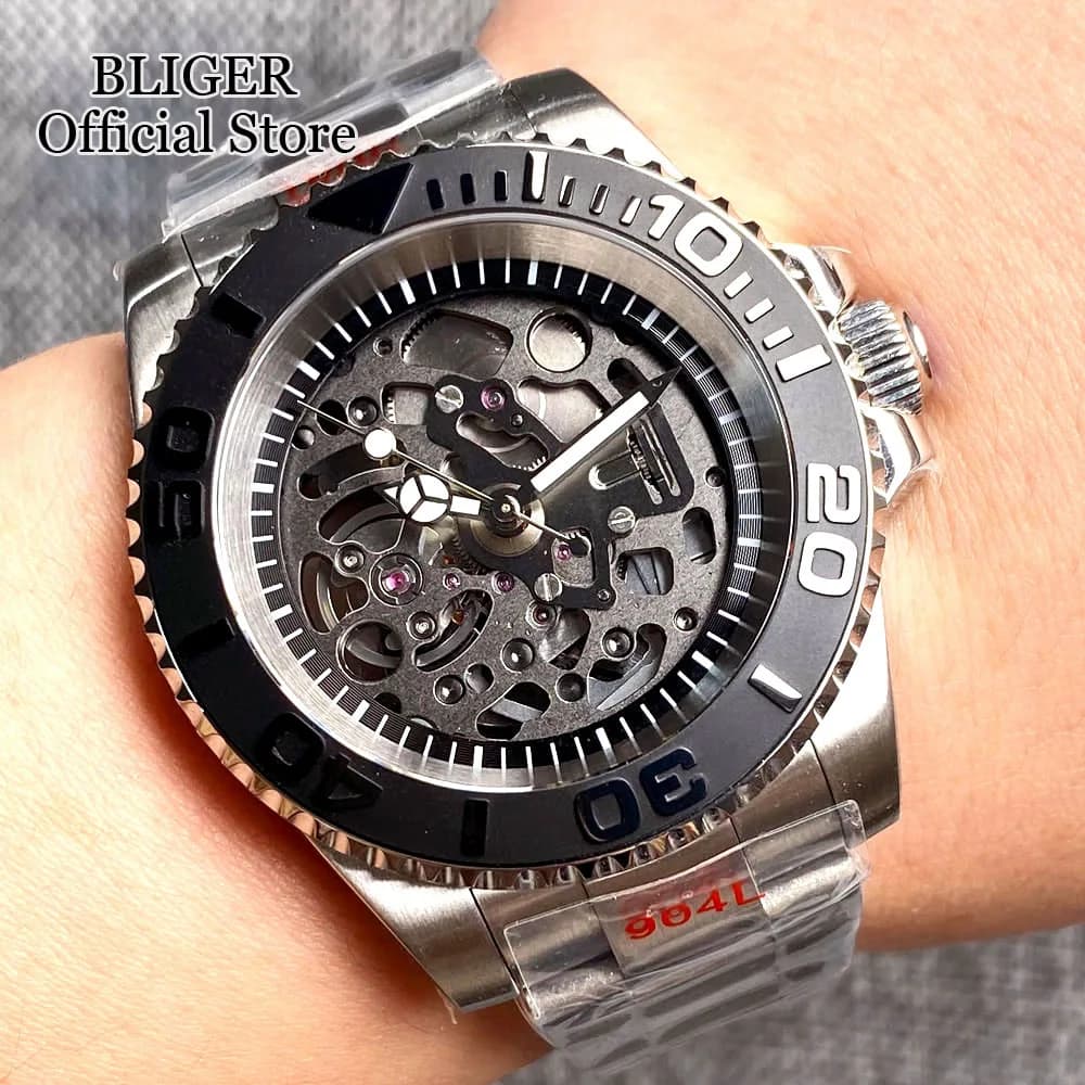 BLIGER 40mm NH72A men's automatic movement underwater watch 200M stainless steel bracelet waterproof dial cord transparent hand light