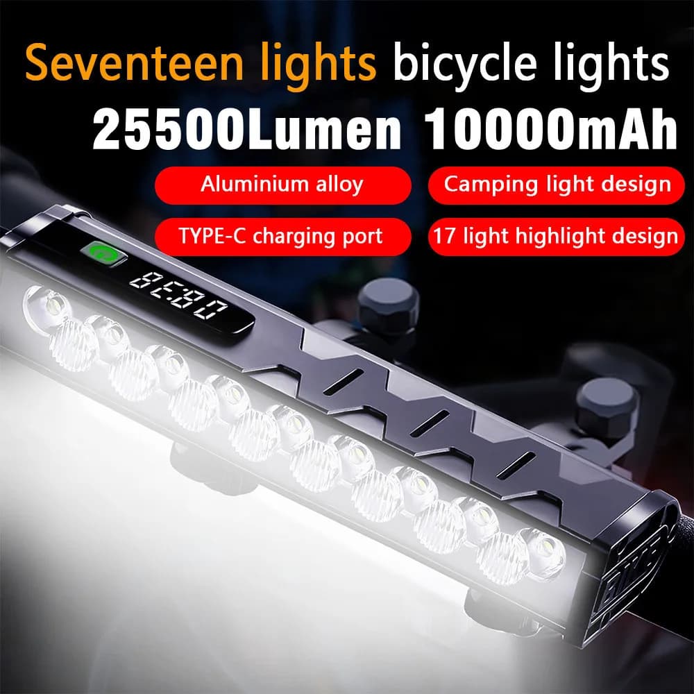 Front Bicycle Light 17LED 25500Lumen Bike Light 10000mAh Waterproof Flashlight USB Charging MTB Street Bike Lamp Accessories