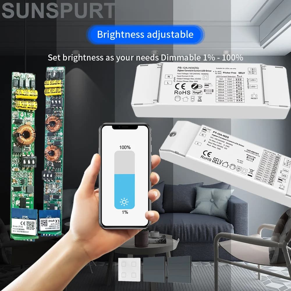 Driver LED a Corrente Costante Zigbee 3.0 10P 10-42VDC 12W 100-700mA/ 2x(150~450)mA per Faretti e Motori per Tende Intelligenti