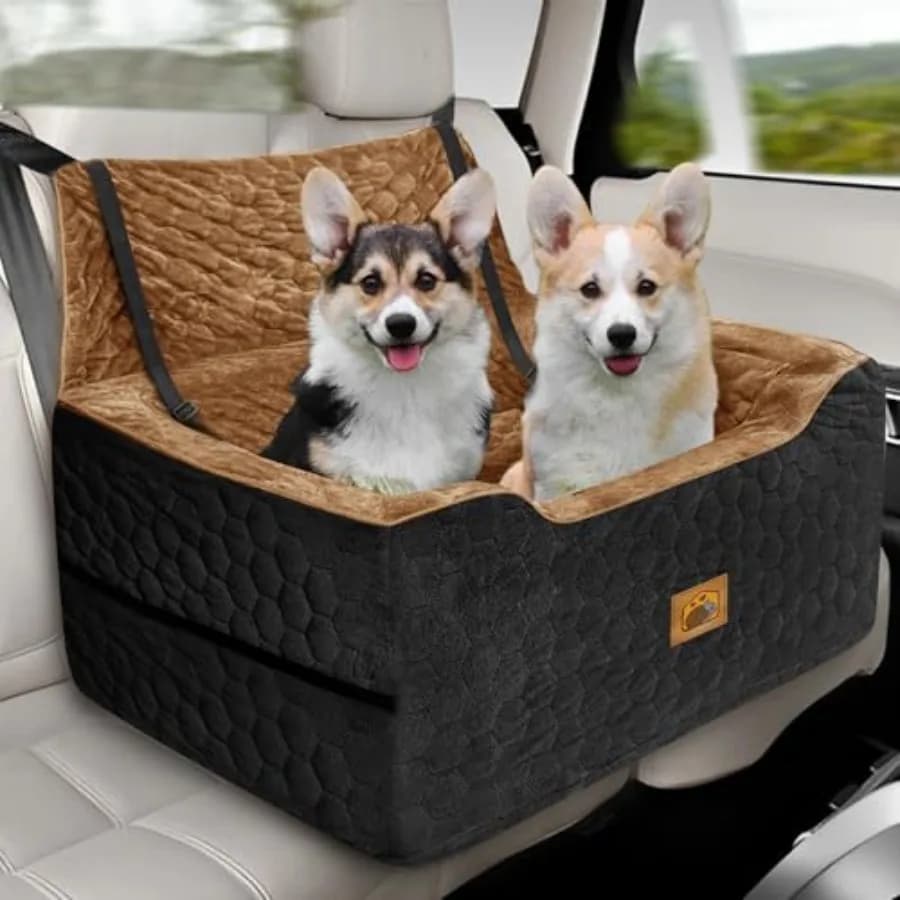 Seggiolino auto per cani di taglia media/grande con cuscino spesso e 2 guinzagli di sicurezza per animali domestici sotto i 27 kg o 2 cani di piccola taglia, nero-marrone, multifunzione