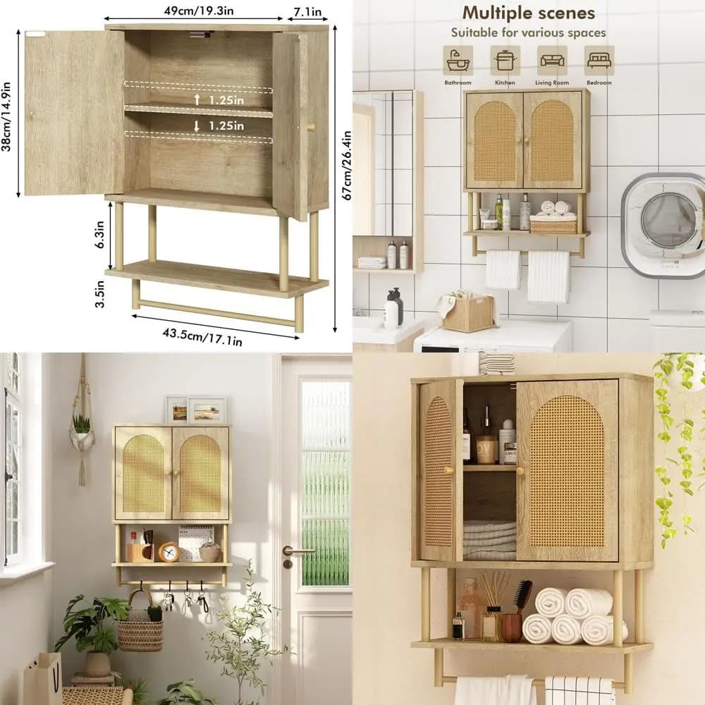 Mobiletto da Bagno in Rattan Naturale di Media Dimensione con Due Ante Arcuate, Spazio di Stoccaggio Sopra il WC, Ripiano Regolabile e Porta Asciugamani