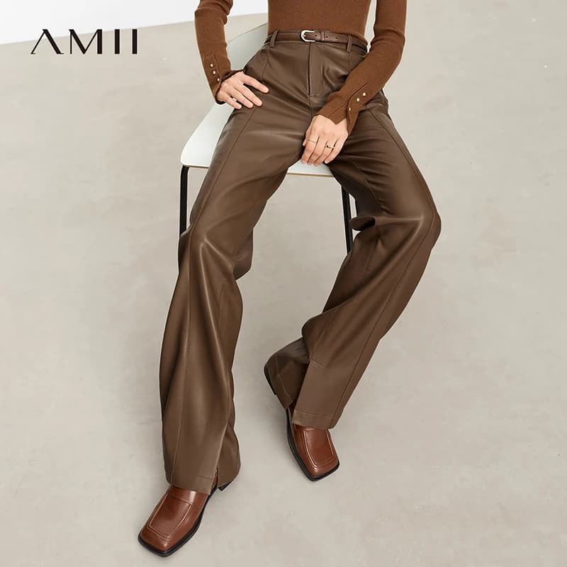 AMII Pantaloni casual in pelle PU minimalista per donna 2025 Autunno Nuovo pantaloni femminili con spacco dritto lunghezza pavimento allentato 12343250