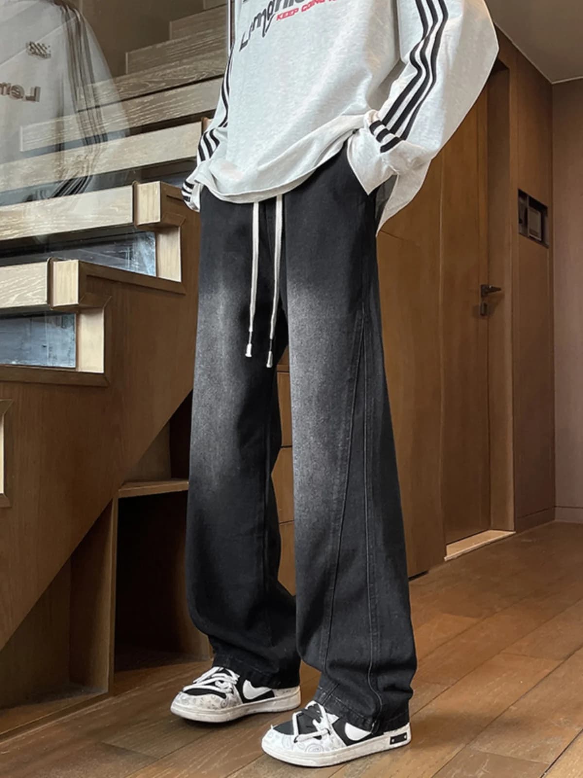 American Washed Drawstring Jeans Loose Wide Leg Pants Spring Autumn Casual Versatile Micro Flared Men's Loose Fit Jeans