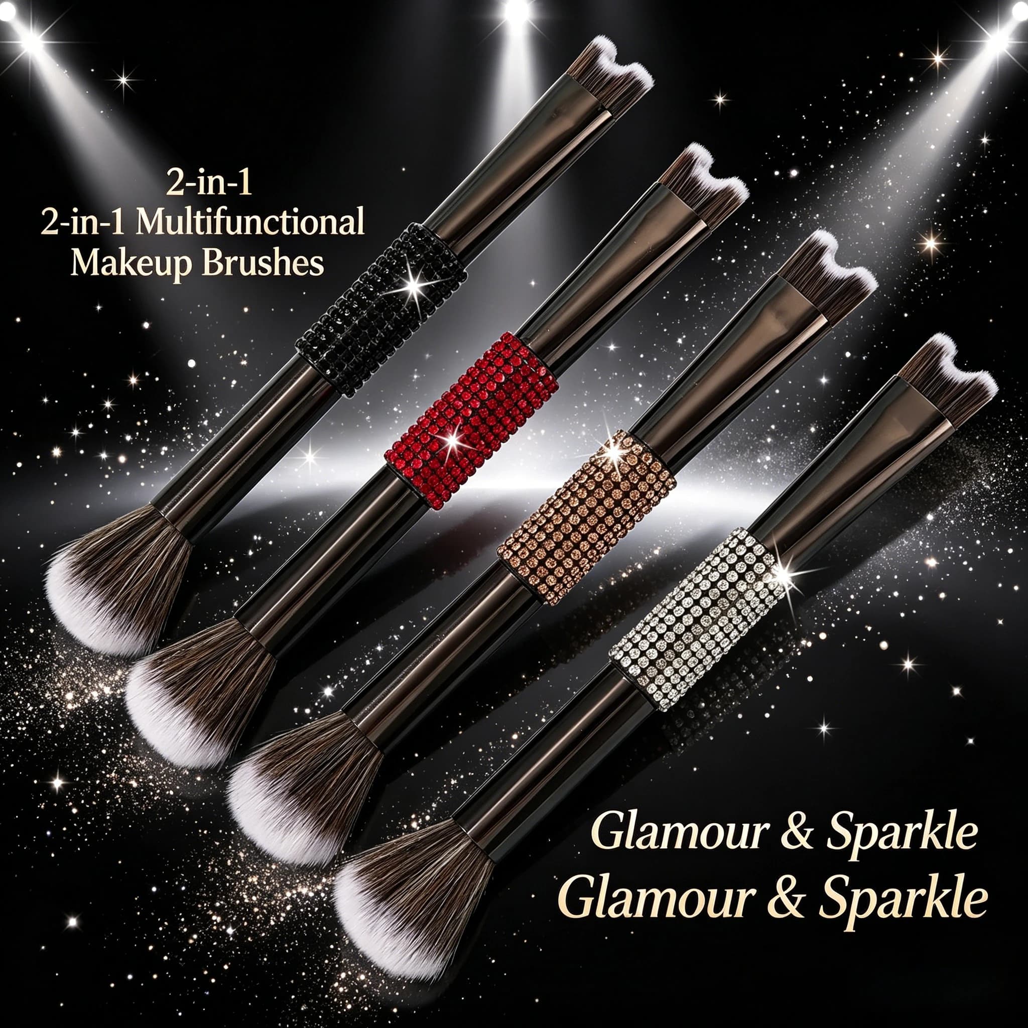 1 pennello per trucco con manico in strass, pennello cosmetico a due teste in fibra sintetica per fondotinta, correttore, copertura delle imperfezioni e applicazione del blush