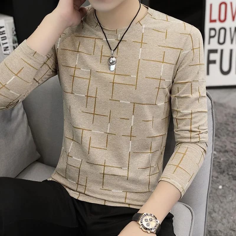 Short sleeve t-shirt with kaki square grill print, men's casual top in basic cotton