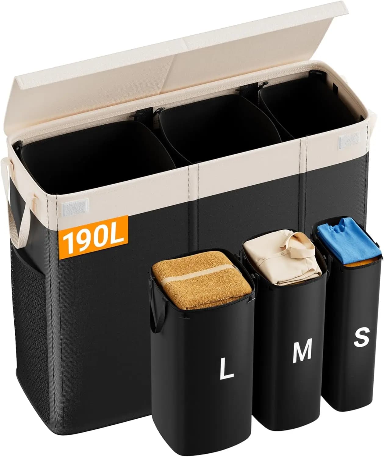 190L Large Bucato Basket with Cover, 3 Parts and Bags Removable for Easy Bedding or Sleeping