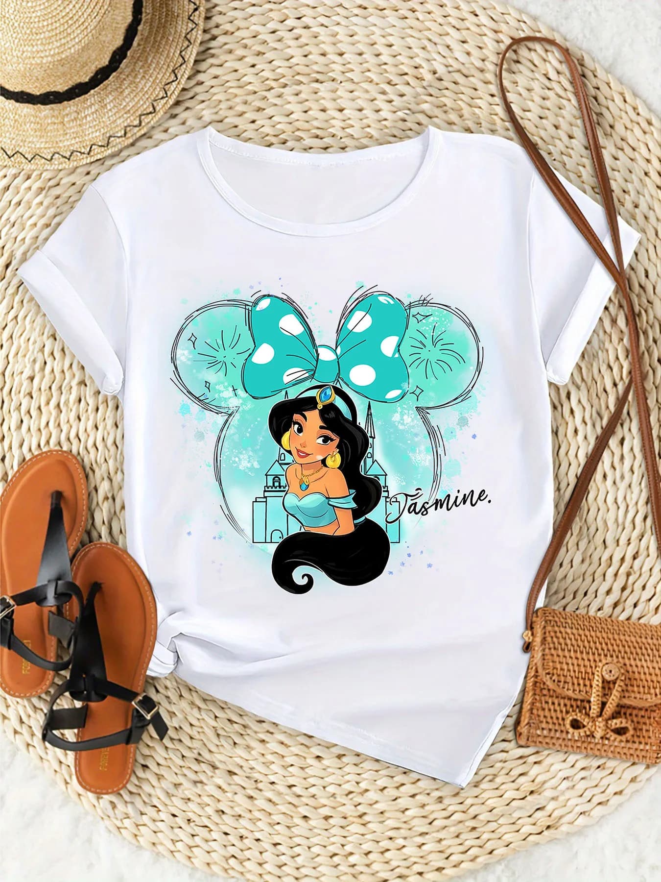 T-shirt casual da donna con stampa della principessa Jasmine con licenza Disney, manica corta, girocollo e design con fiocco di Topolino