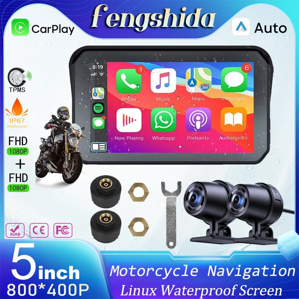Fengshida 5 '' Moto Carplay Impermeabile 1080P WiFi Wireless Android-Auto DVR Monitor Dash Cam Navigazione GPS TPMS Bluetoo