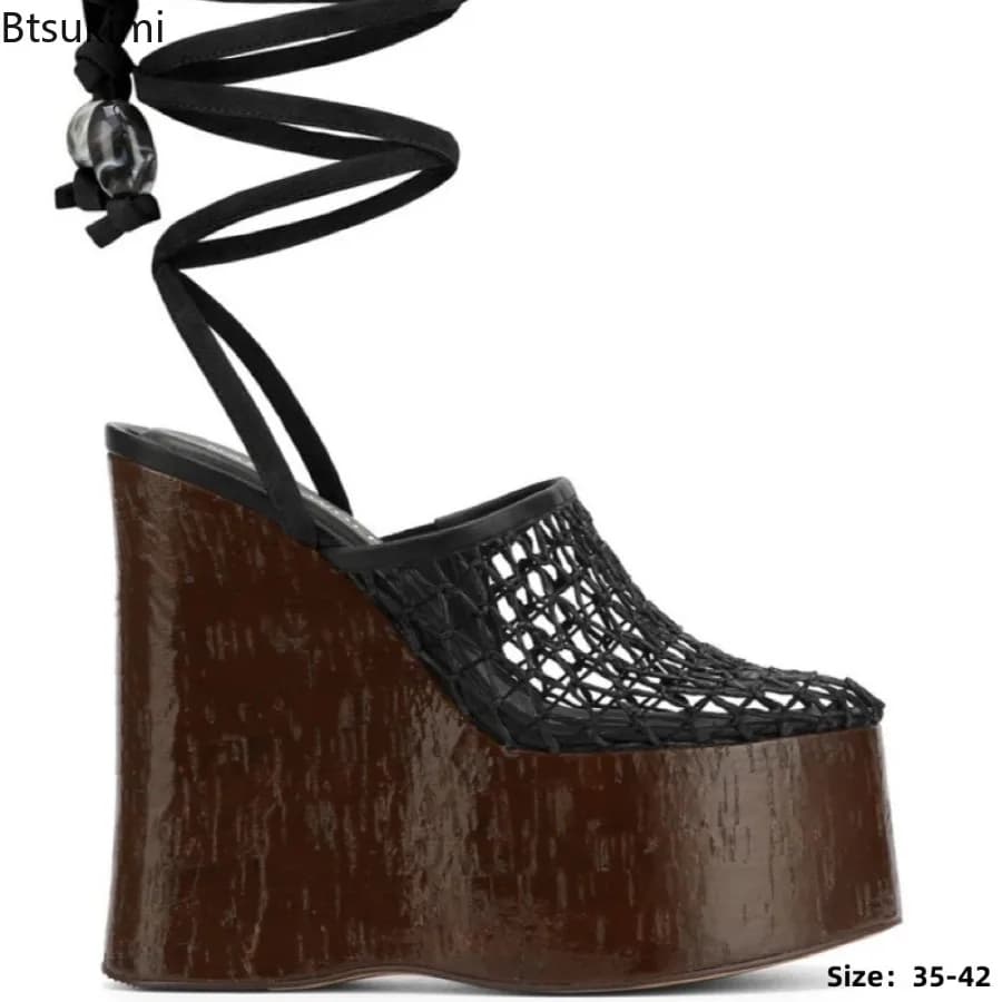 Summer Fishing Net Coarse High Heel Sandals Thick Bottom Wood Grain Waterproof Platform Sandals Women Fashion Versatile Sandals