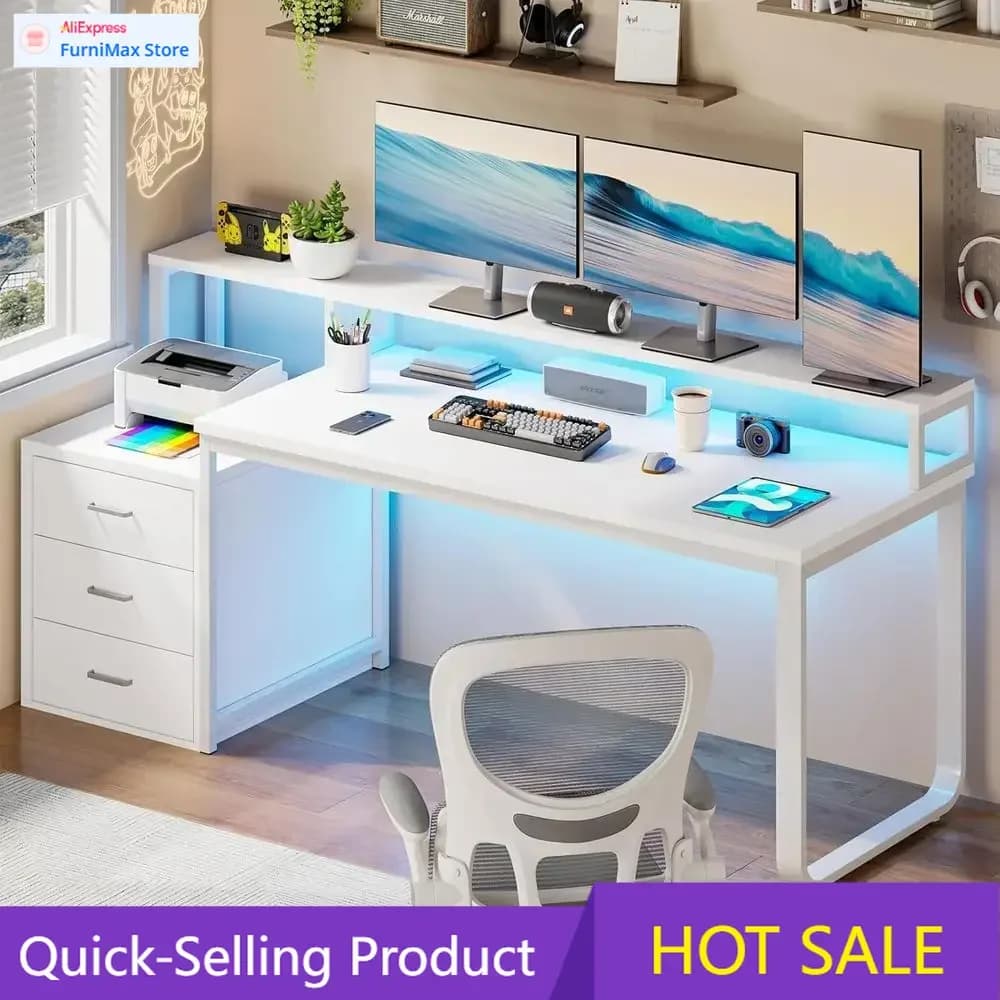 Limited-Time Promotion/ Popular Event: 67 inch desk with 3 drawers, home office desk with extended monitor support and printer shelf