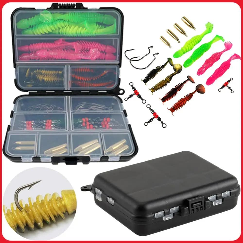 Kit di esche da pesca a coda a T con scatola porta attrezzi, girelle e ami da pesca, set di accessori per esche morbide per attrezzatura da pesca