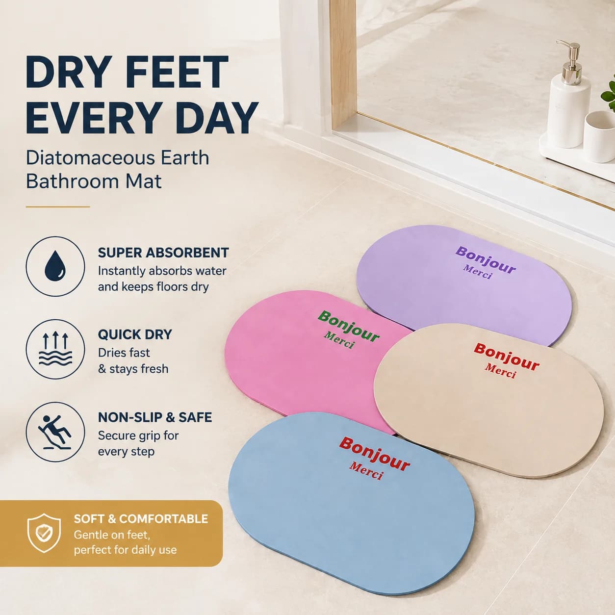 Bathroom Doormat Water Absorbing Anti Slip Quick Dry Soft Diatomaceous Earth Mat for Entryway Porch Ins Style