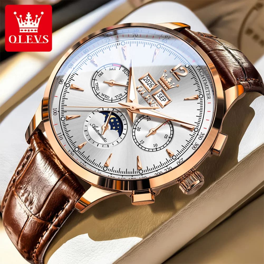 OLEVS 7128 Orologio da Uomo con Fasi Lunari, Cinturino in Pelle, Calendario Perpetuo, Impermeabile, Luminoso, Orologio Meccanico Automatico di Lusso