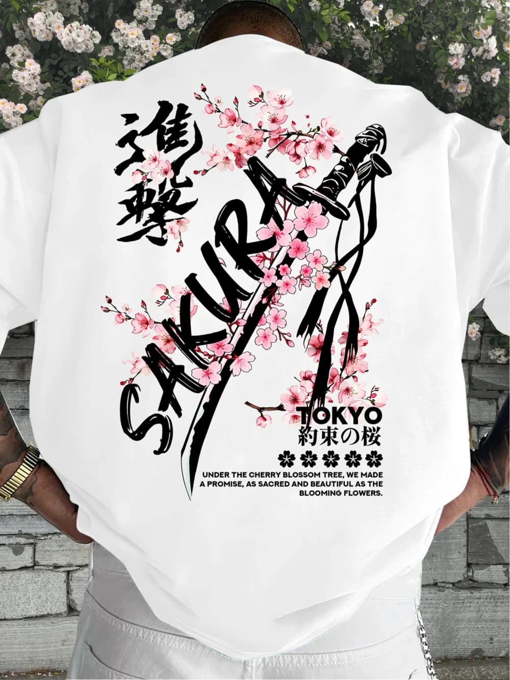 Men's 100% Cotton Cherry Blossom Samurai Sword Pattern T-Shirt Summer Casual Japanese Street Style Short-Sleeve T-Shirt