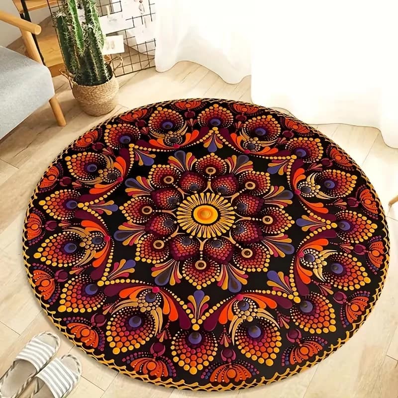 Boho Mandala Ethnic Style Round Carpet with Lotus and Sunflower Printing, Soft Circular Anti-slip Mat for Living, Bedroom & Yoga