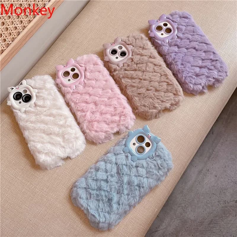 Warm Fluffy Fur Phone Case For iPhone 15 14 Plus 13 12 11 Pro Max Grid Solid Plush Soft Lady Gift Cute Lens Tpu Protection Cover