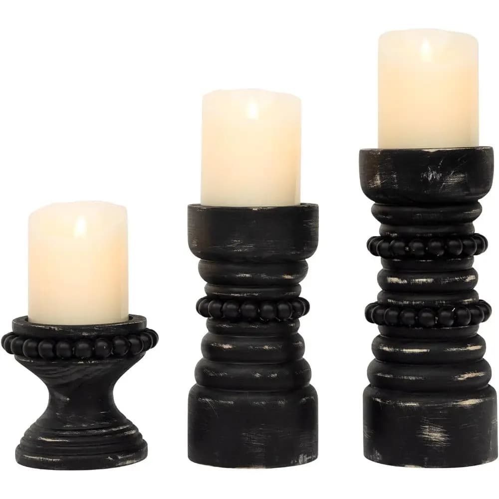 Set of 3 rustic wooden column candle holders, candle holder with farm style beads, perfect for centerpiece and column candles