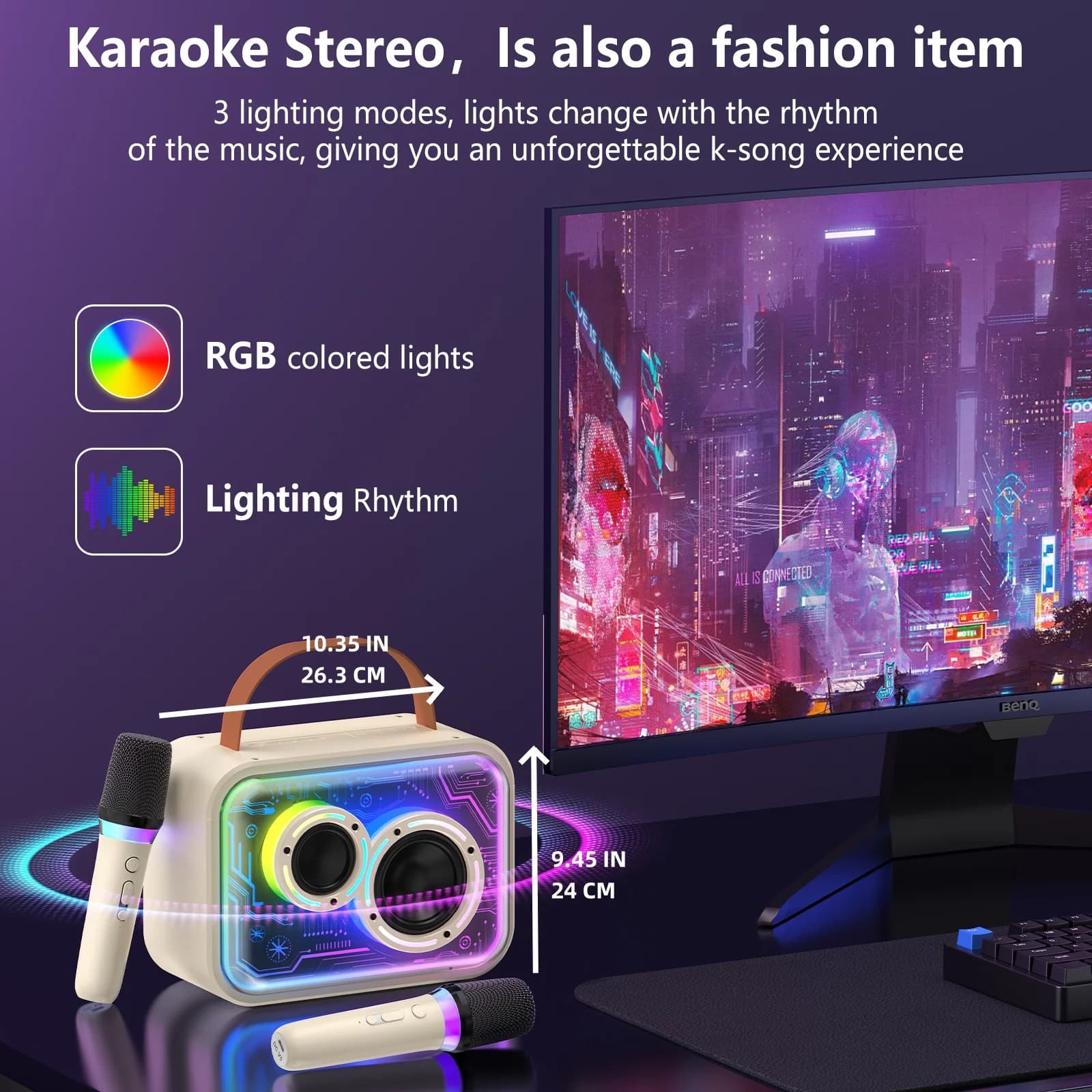 Macchina per Karaoke Portatile JYX con 2 Microfoni Wireless e Luci, Altoparlante Karaoke con Subwoofer per Feste in Casa e all'Aperto