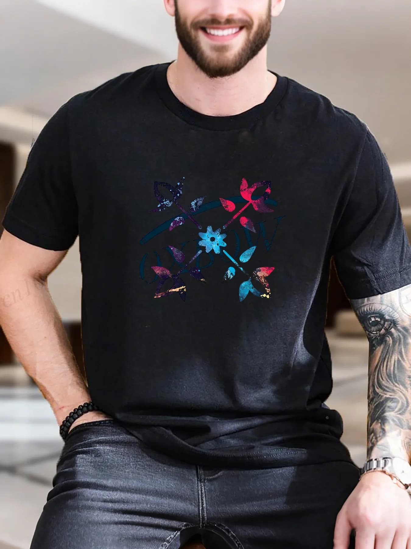 T-shirt a maniche corte stampata da uomo di nuova moda di arrivo 100% cotone Comodo girocollo Trendy Flrow Flower Circle'Grow' Design