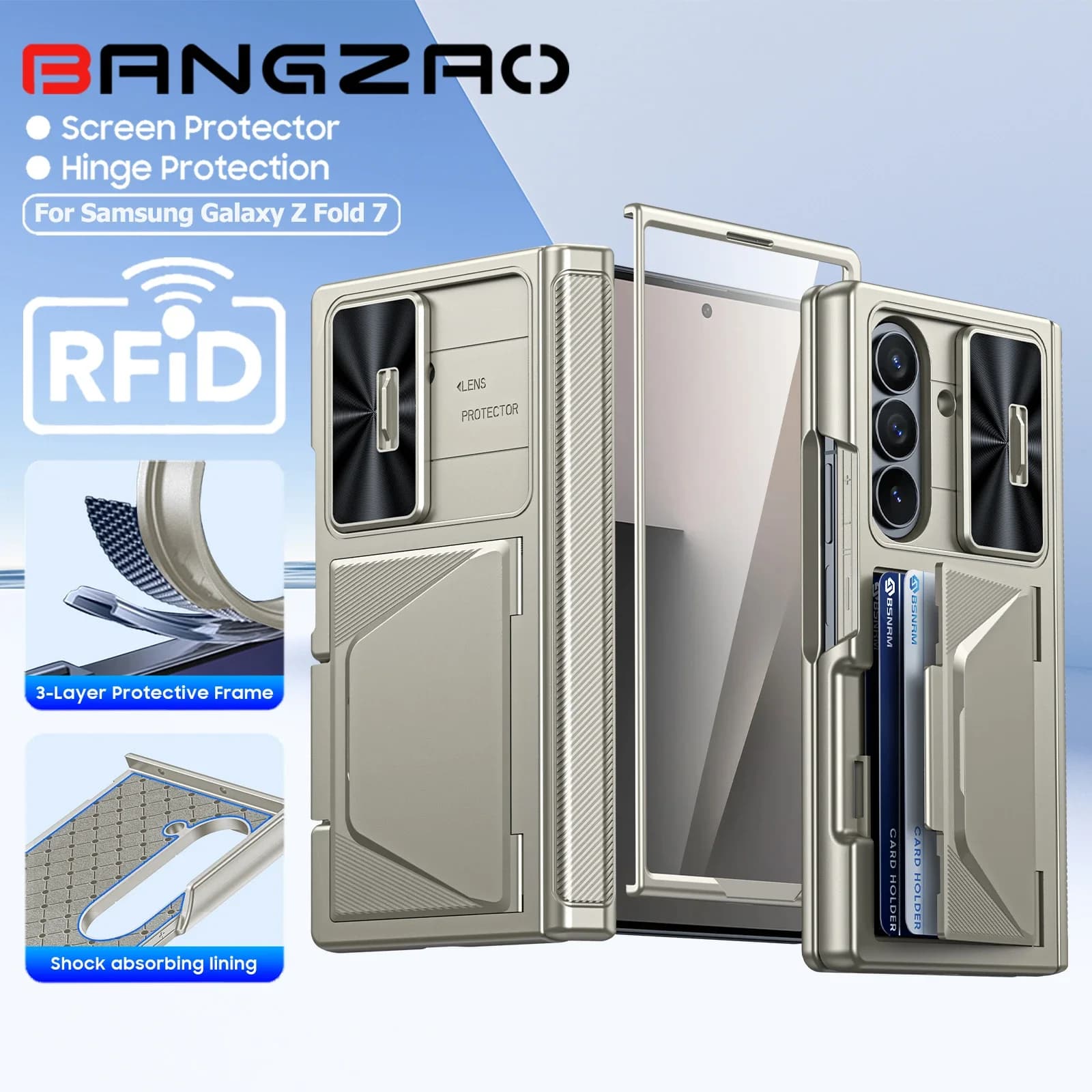 per custodia Galaxyz Fold 7, portafoglio RFID con porta carte, protezione albero, copertura fotocamera, custodia protettiva in silicone antiurto-Titanio